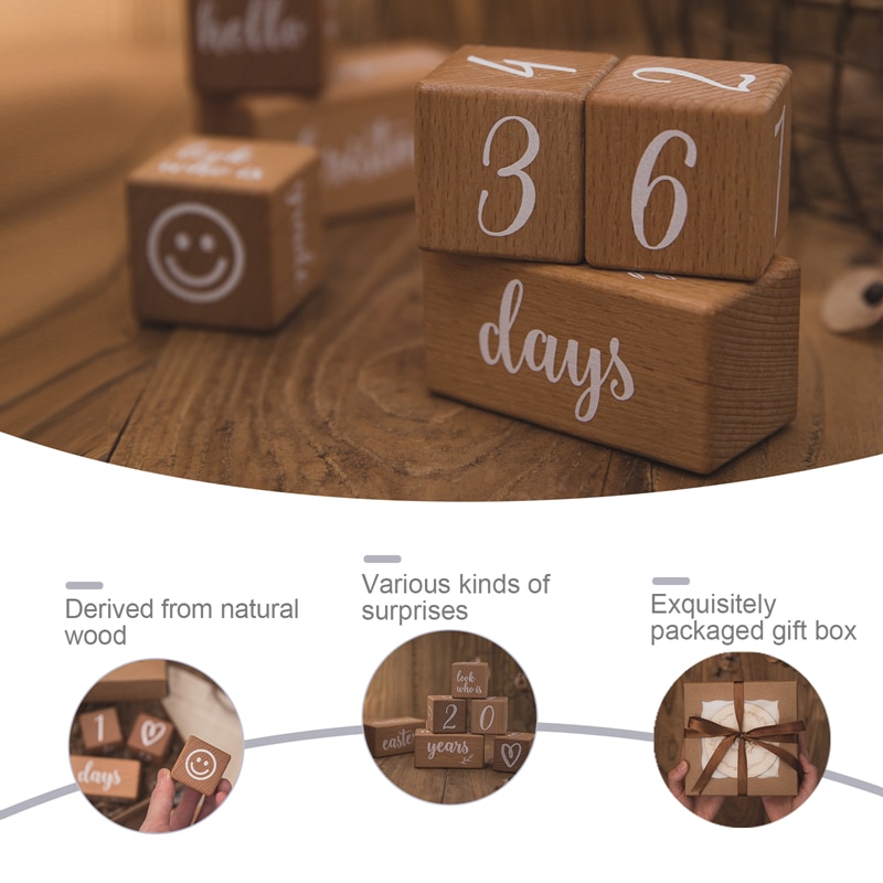 6Pcs/1Set Baby Milestone Beech Block Square Engraved Newborn Birth Month Birthday Milestones Block Photography Tool Accessories